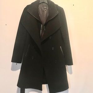 SAKS- Black leather detail wool blend coat